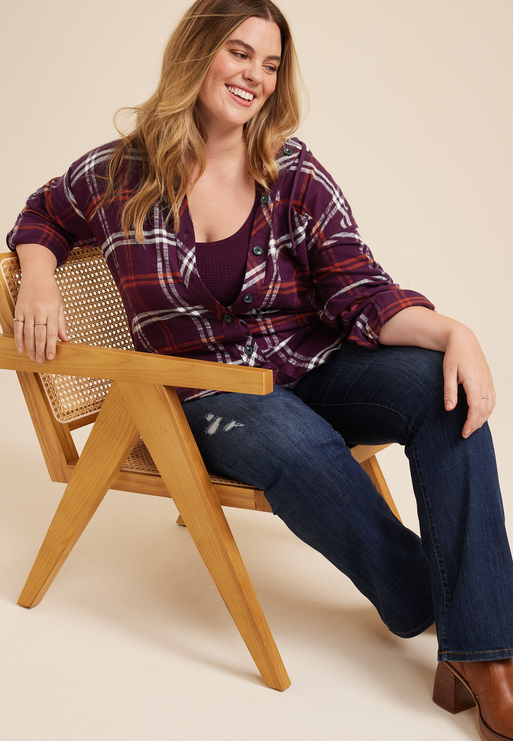 Plus Size Cabin Plaid Hooded Boyfriend Tunic Shirt, C9153, large