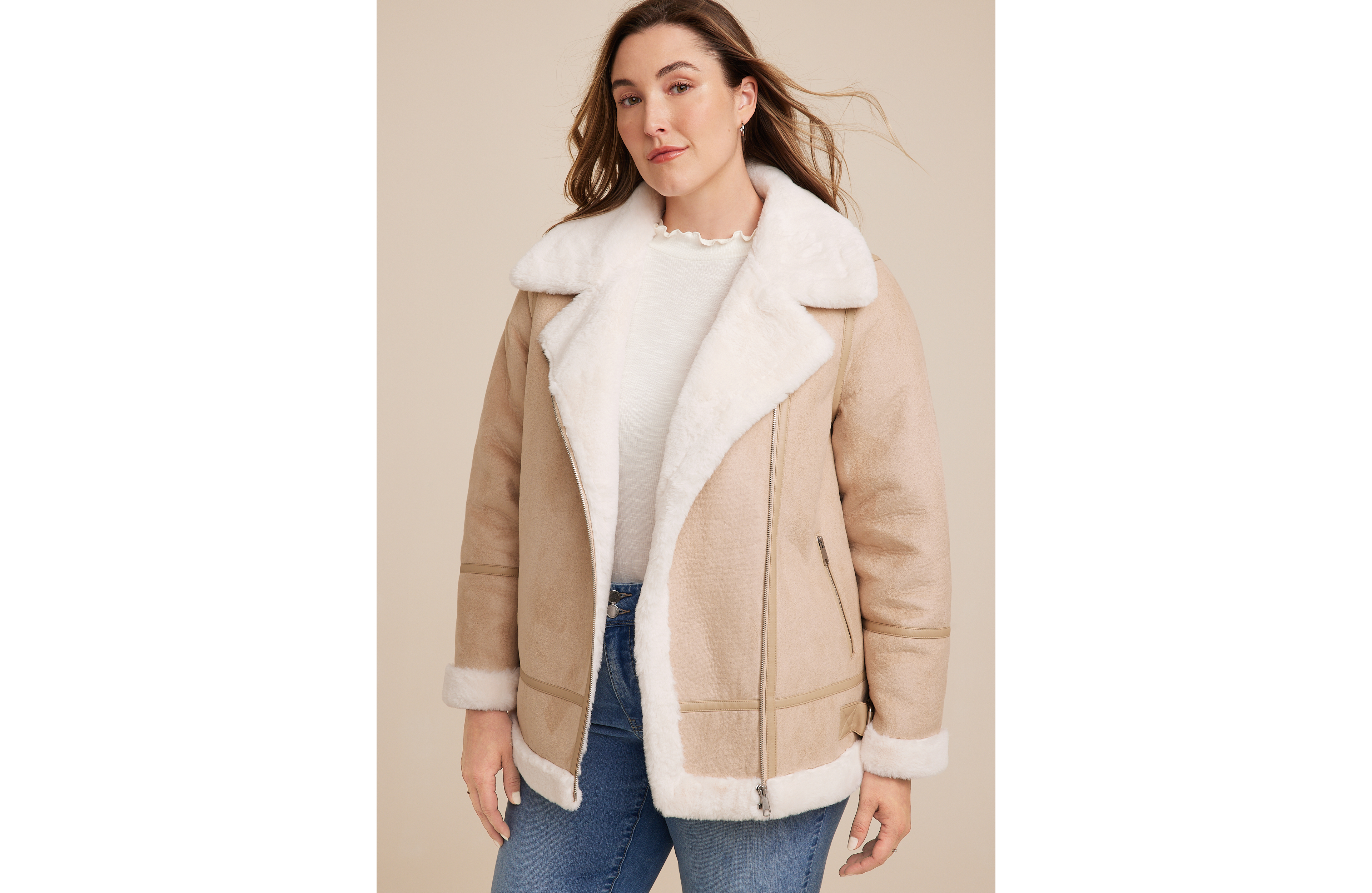 Plus Faux Suede Shearling Trim Jacket