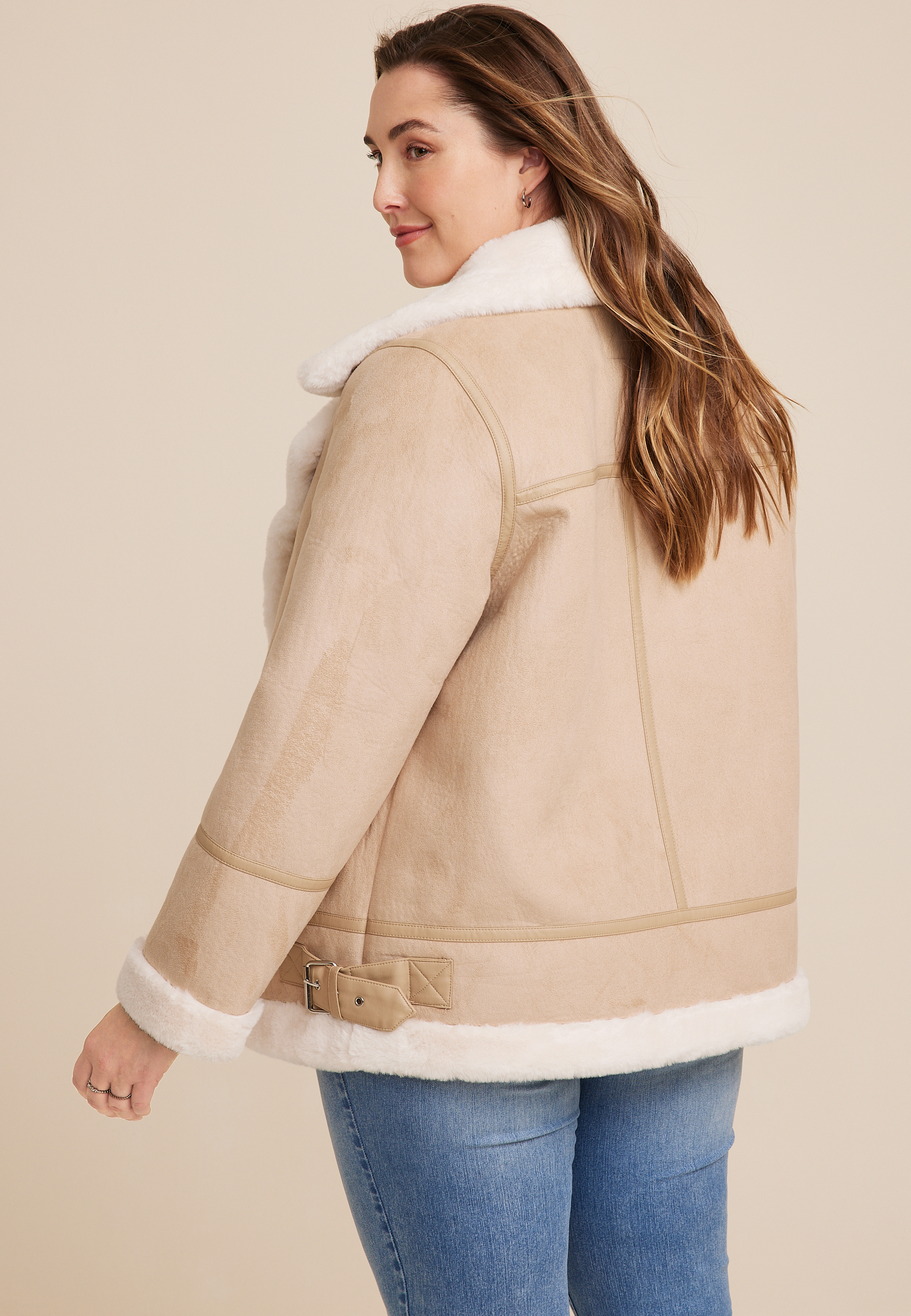 Plus Size Faux Suede Shearling Trim Jacket, C9057, large