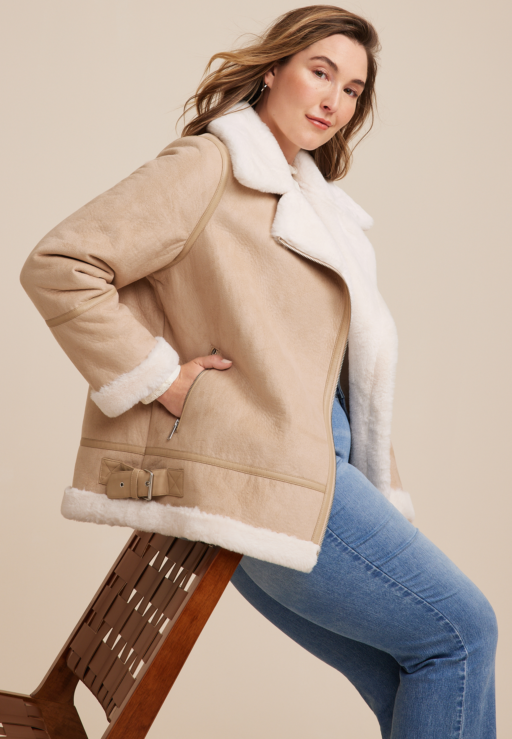 Plus Size Faux Suede Shearling Trim Jacket, C9057, large