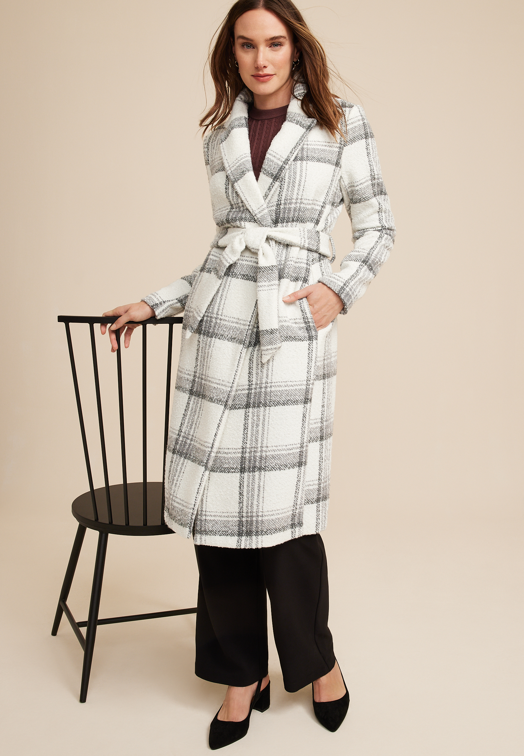 Gray Plaid Wrap Longline Coat, C1755, large