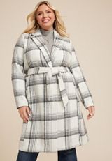 Plus Size Gray Plaid Wrap Longline Coat, GRAY COMBO, small