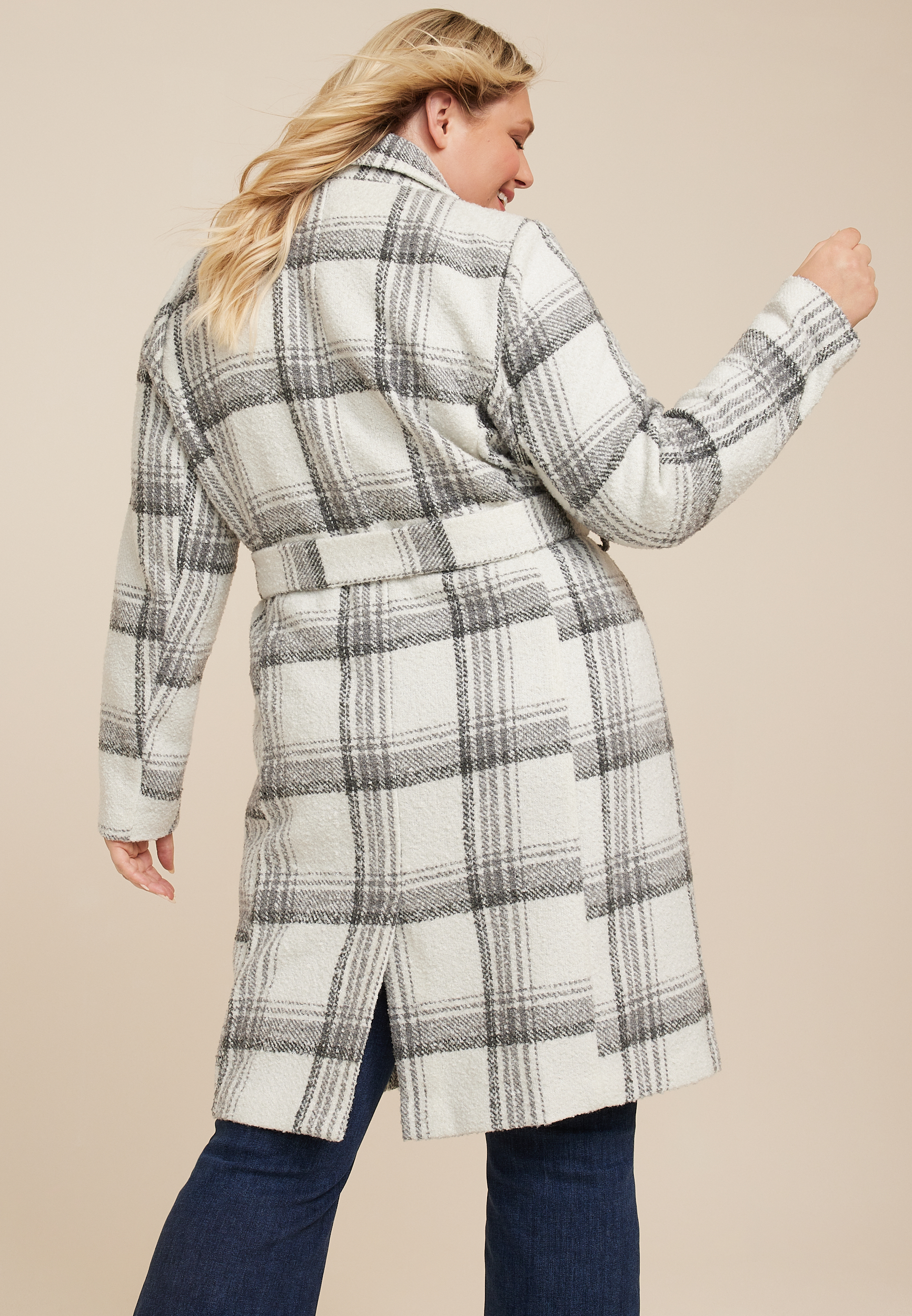 Plus Size Gray Plaid Wrap Longline Coat, GRAY COMBO, large