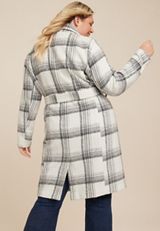 Plus Size Gray Plaid Wrap Longline Coat, GRAY COMBO, small