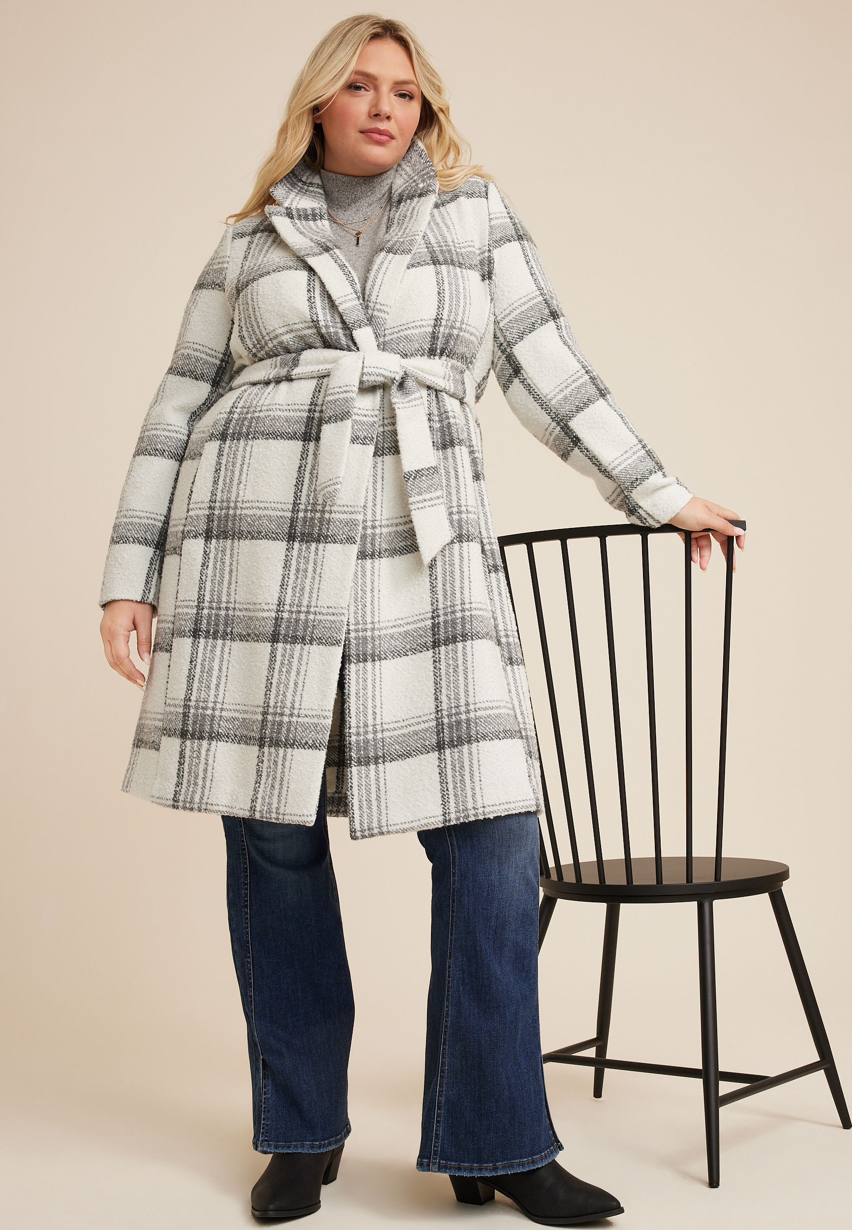 Plus Size Gray Plaid Wrap Longline Coat, GRAY COMBO, large