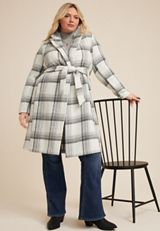 Plus Size Gray Plaid Wrap Longline Coat, GRAY COMBO, small