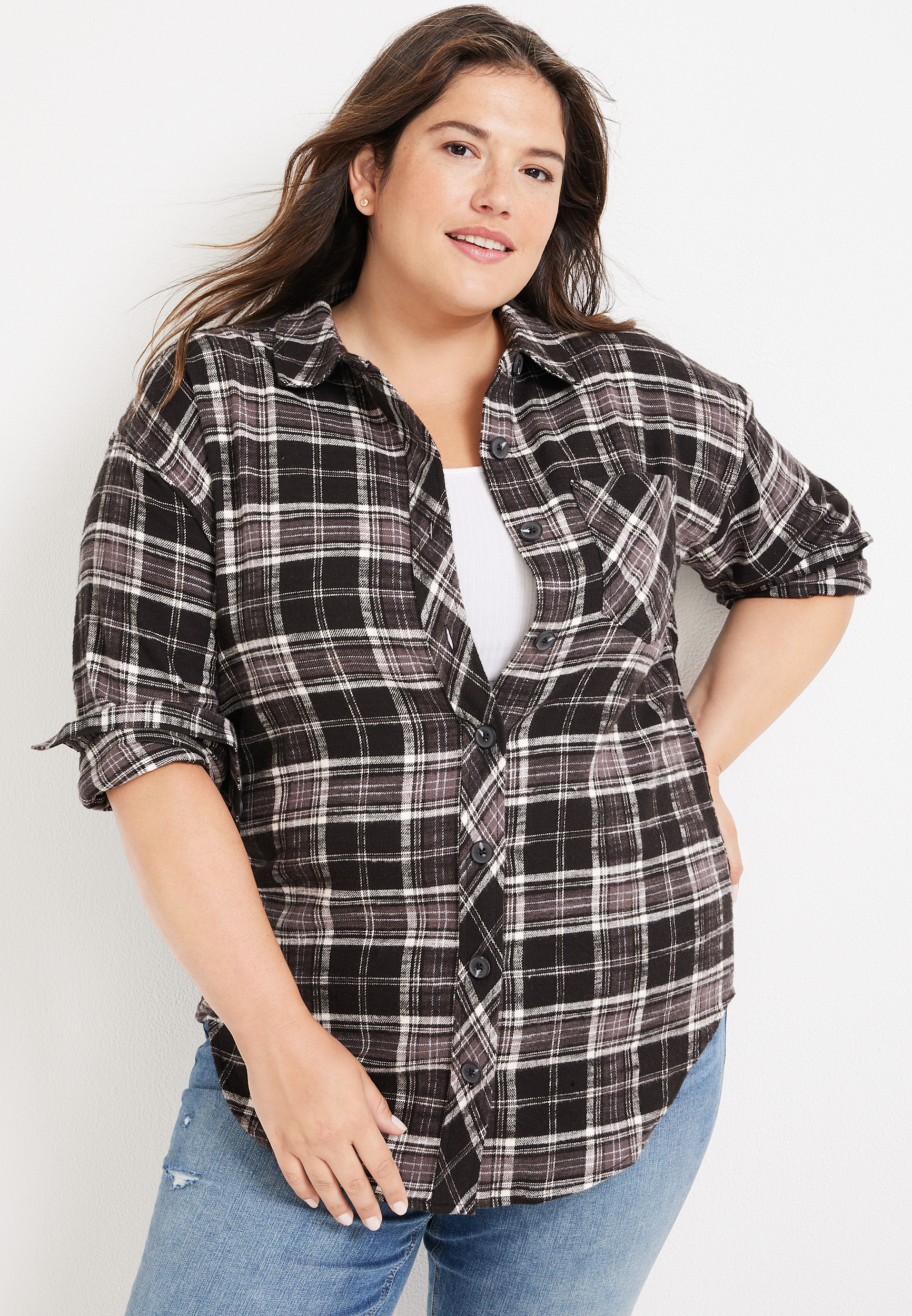 Plus Size Cabin Plaid Boyfriend Tunic Shirt, BLACK COMBO, large
