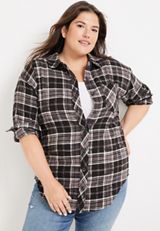 Plus Size Cabin Plaid Boyfriend Tunic Shirt, BLACK COMBO, small