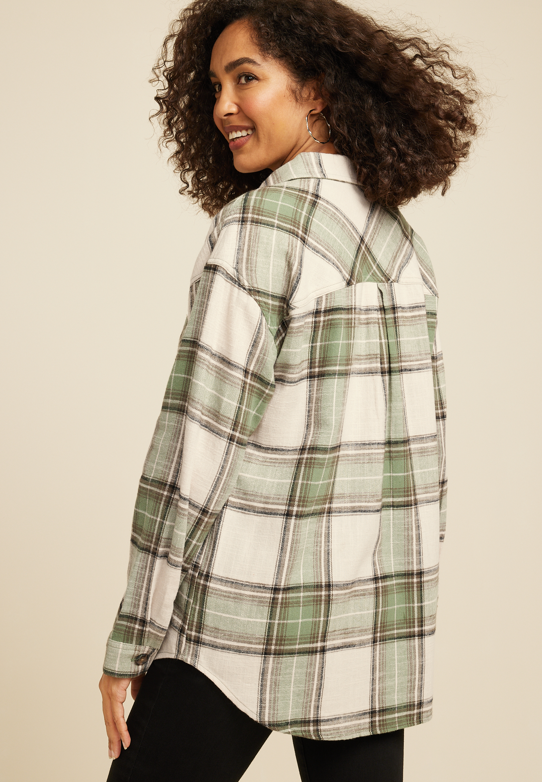 Cabin Plaid Boyfriend Tunic Shirt, C6093, large