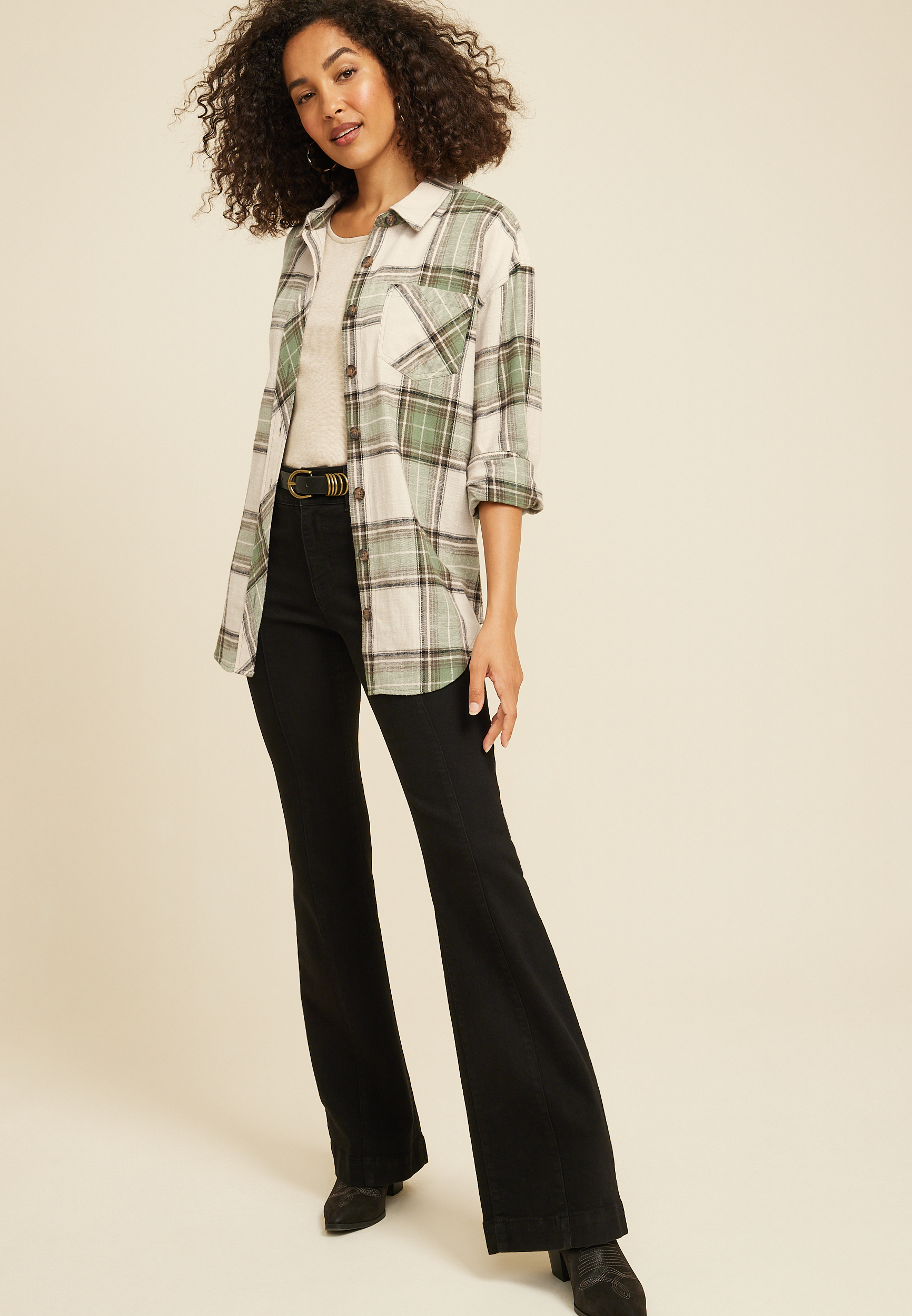 Cabin Plaid Boyfriend Tunic Shirt, C6093, large