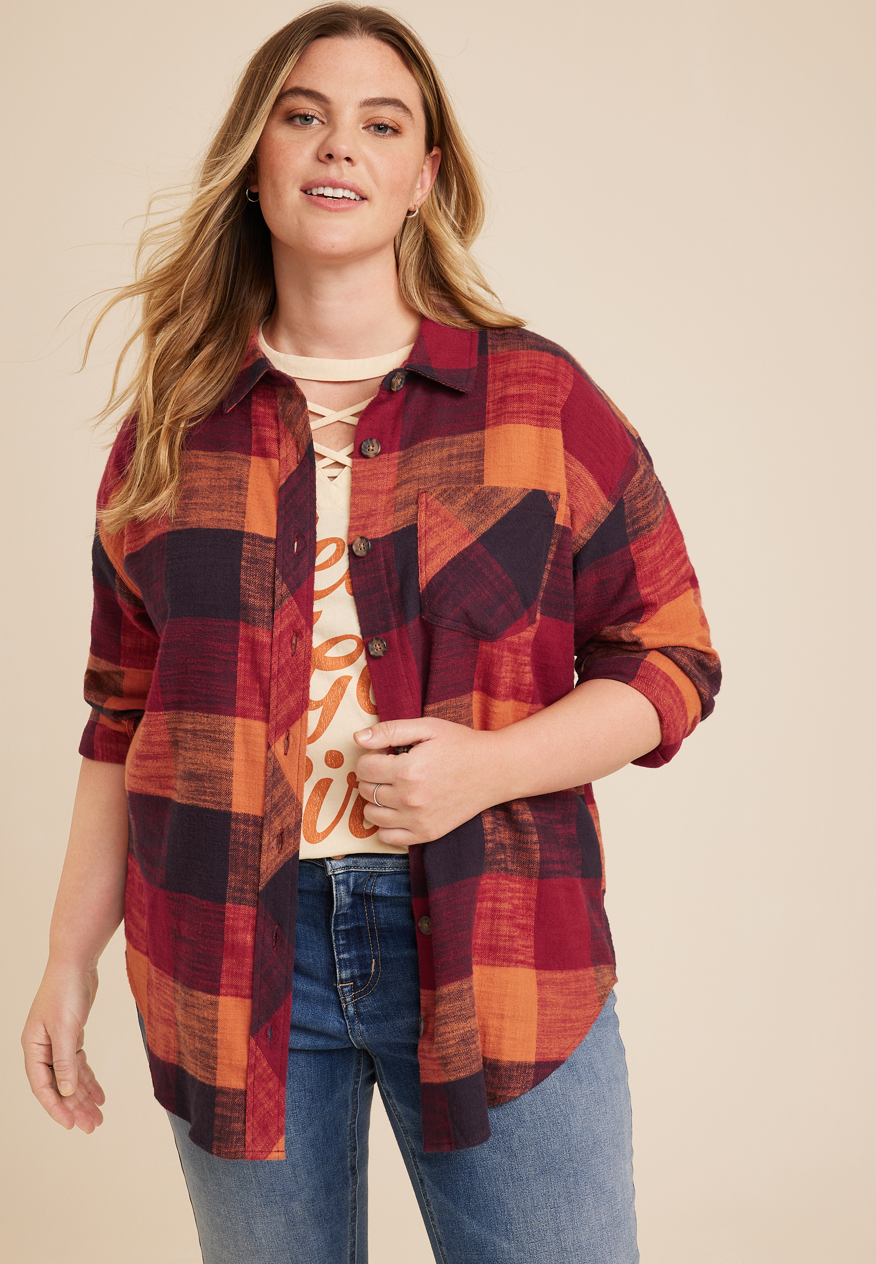 HABITAT BLURRED PLAID BOYFRIEND TUNIC