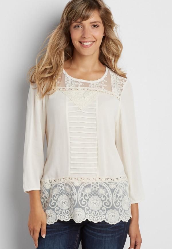 lightweight top with embroidered mesh | maurices