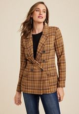 Premia Double Breasted Brown Plaid Blazer, C9195, small