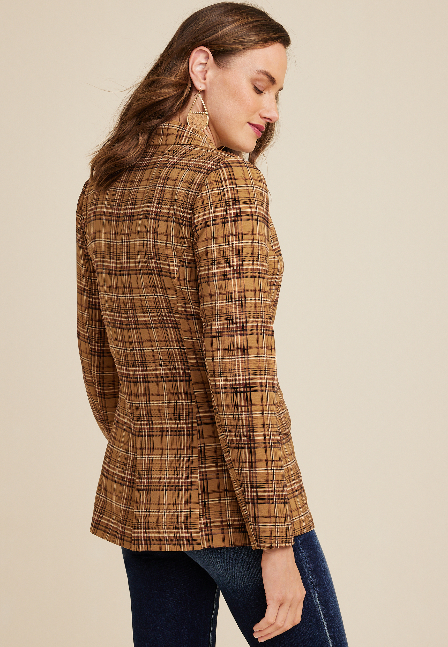 Premia Double Breasted Brown Plaid Blazer, C9195, large