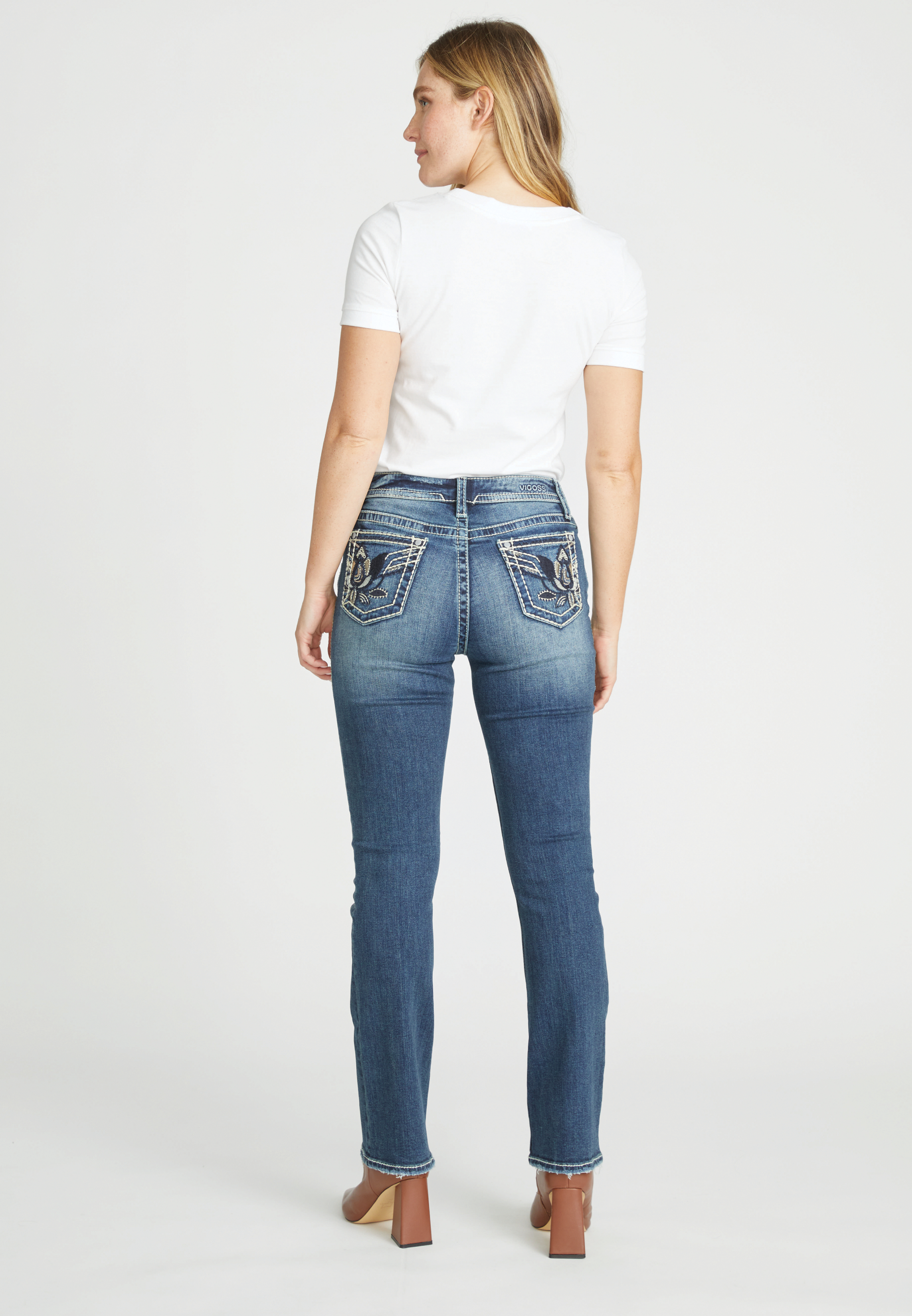 Vigoss&reg; Slim Boot Embroidered Lotus Flower Pocket Mid Rise Jean, C258, large