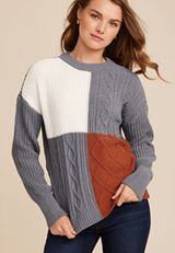 Colorblock Cable Knit Crew Neck Sweater, GRAY COMBO, small