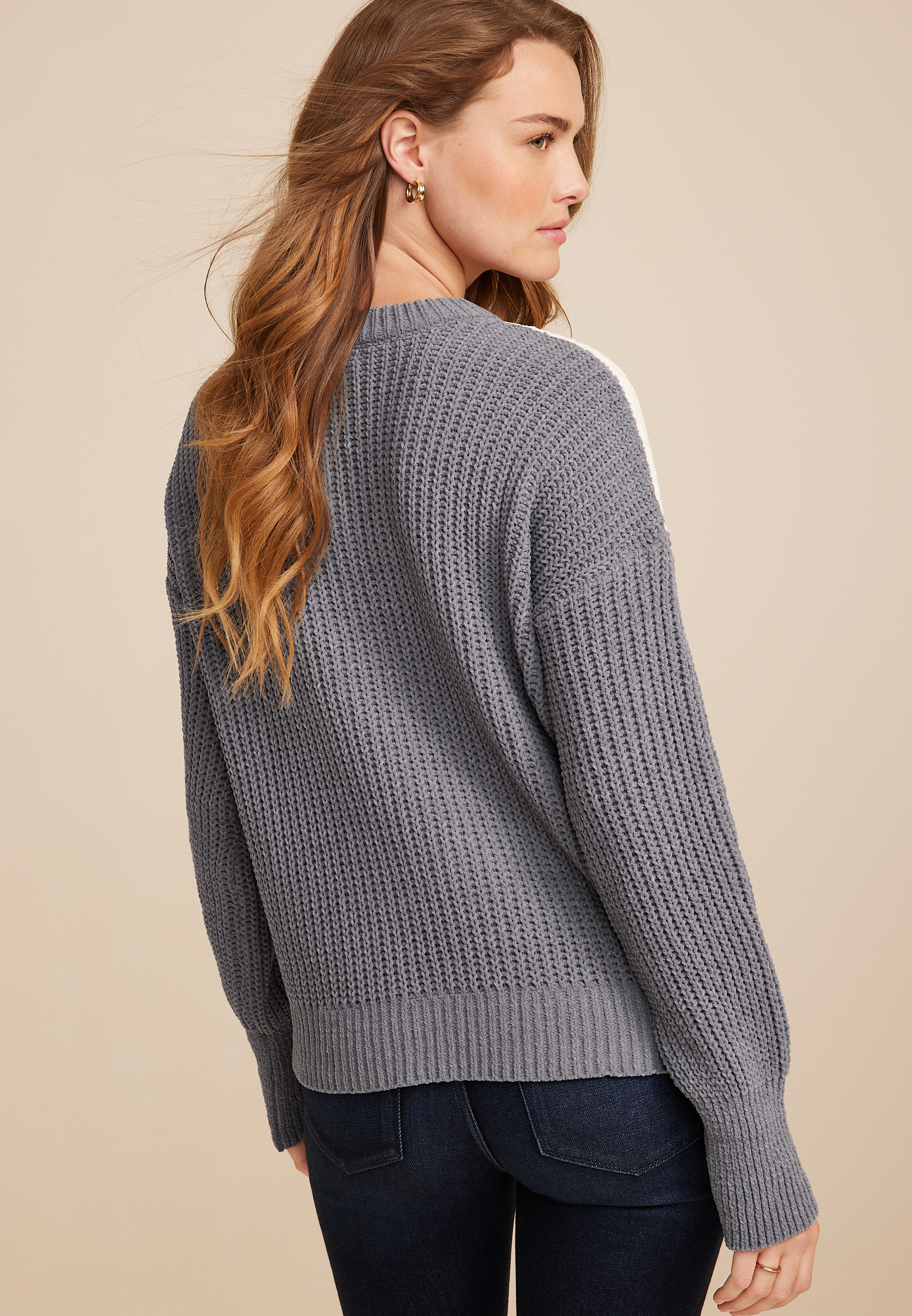 Colorblock Cable Knit Crew Neck Sweater, GRAY COMBO, large