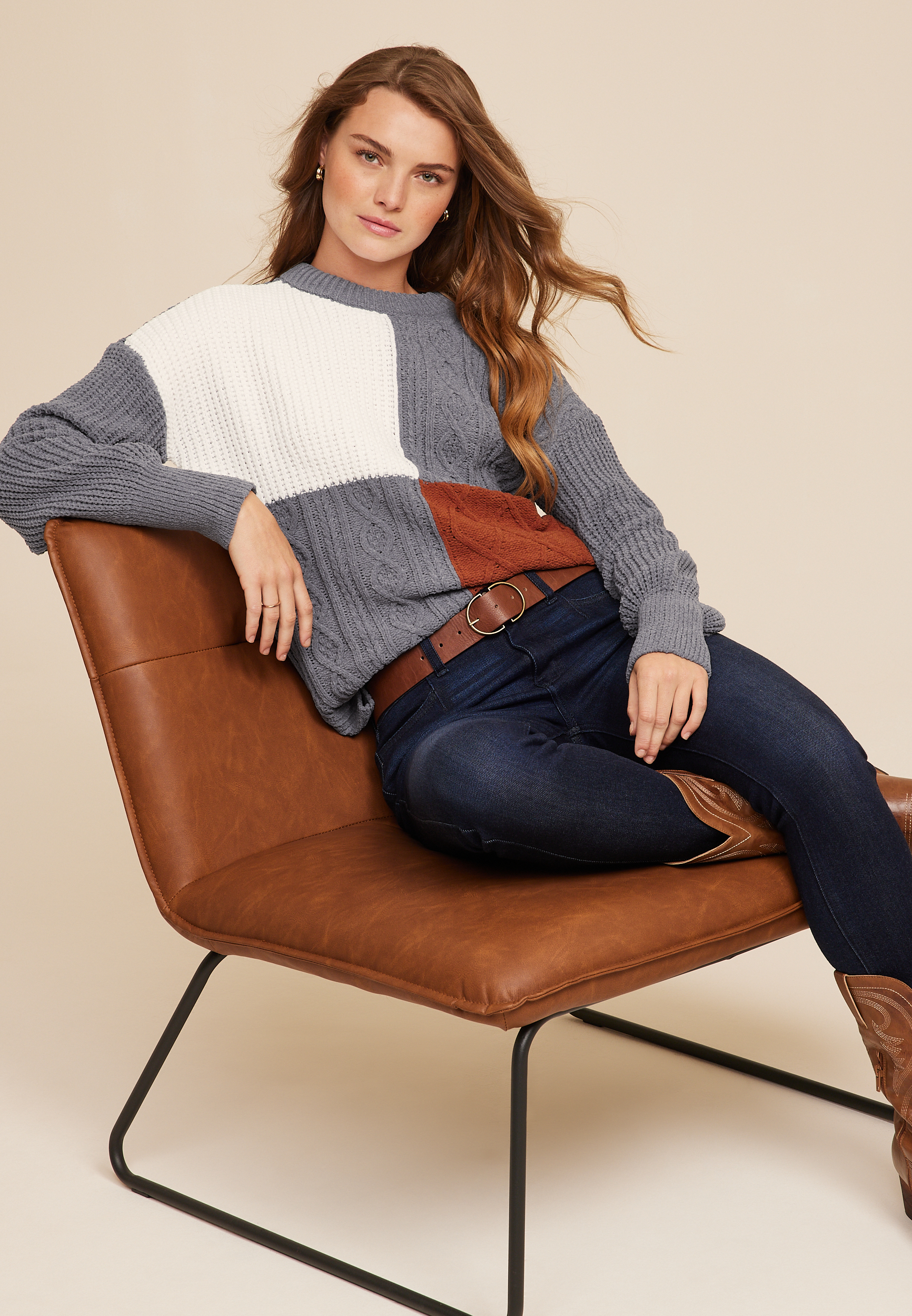 Colorblock Cable Knit Crew Neck Sweater, GRAY COMBO, large