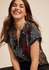 Geneva Floral Zipper Neck Blouse, BLACK COMBO, small