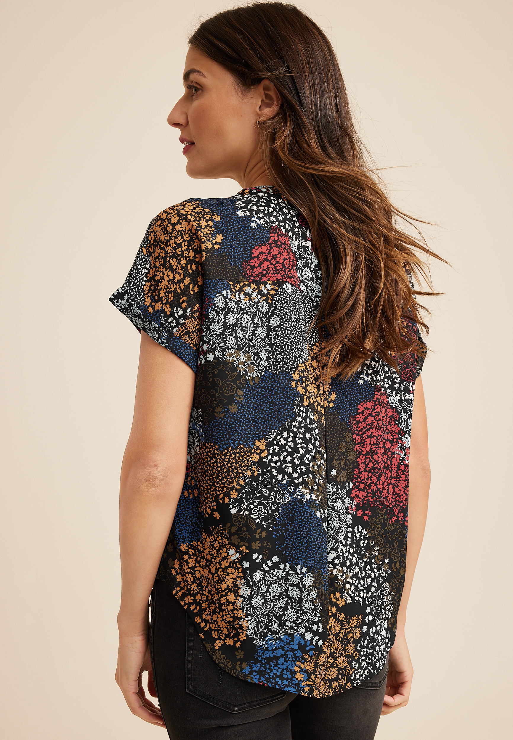 Geneva Floral Zipper Neck Blouse, BLACK COMBO, large