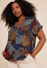 Plus Size Geneva Floral Zipper Neck Blouse, C1756, small