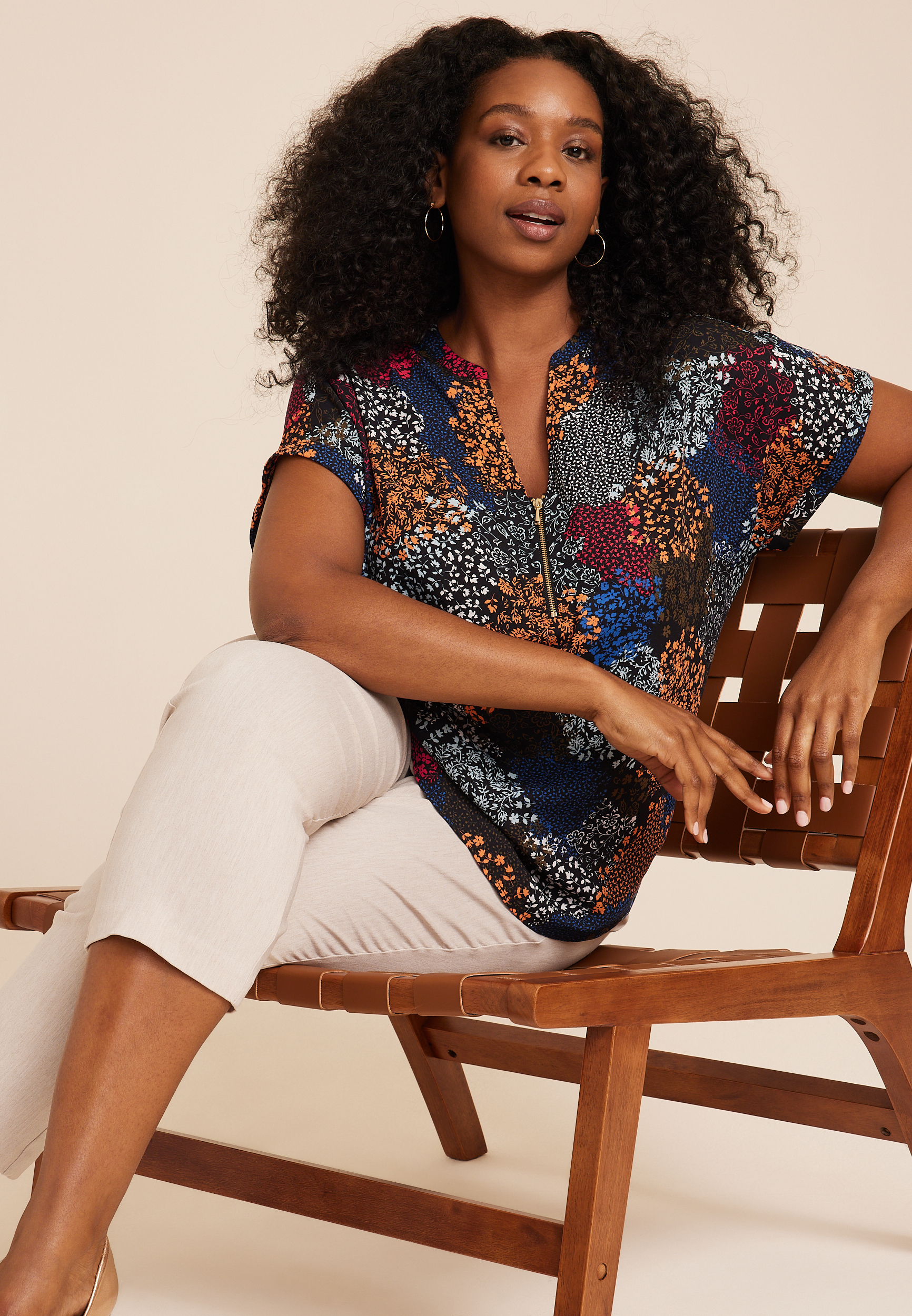 Plus Size Geneva Floral Zipper Neck Blouse, C1756, large