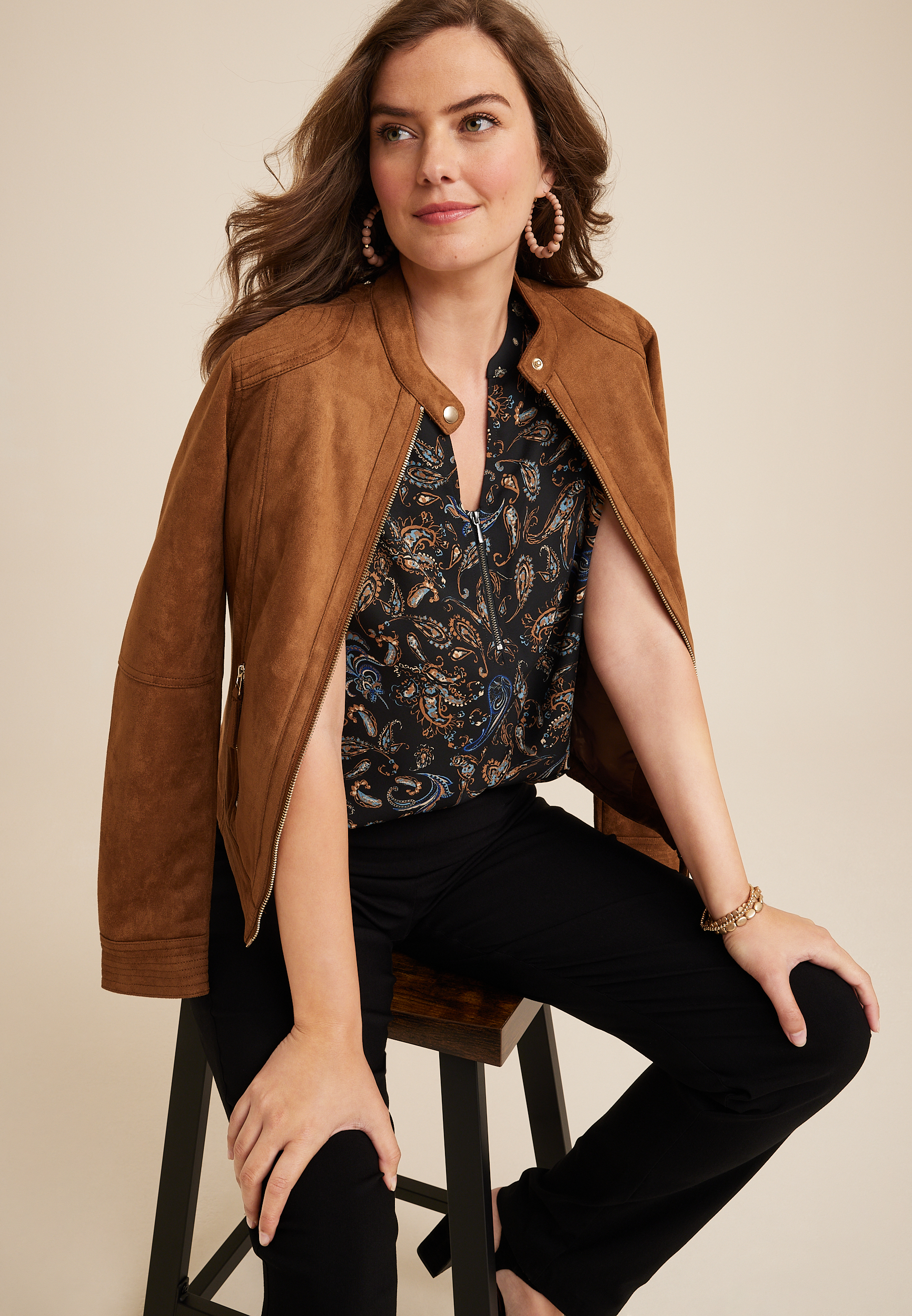 Geneva Paisley Zipper Neck Blouse, BLACK COMBO, large