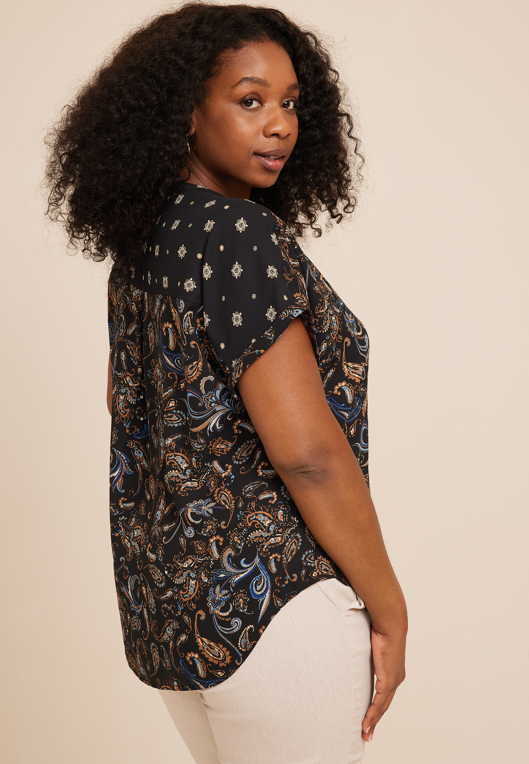 Plus Size Geneva Paisley Zipper Neck Blouse, C1756, large