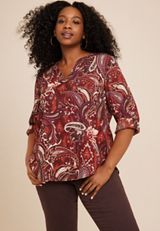 Plus Size Atwood Paisley 3/4 Sleeve Popover Blouse, C4090, small
