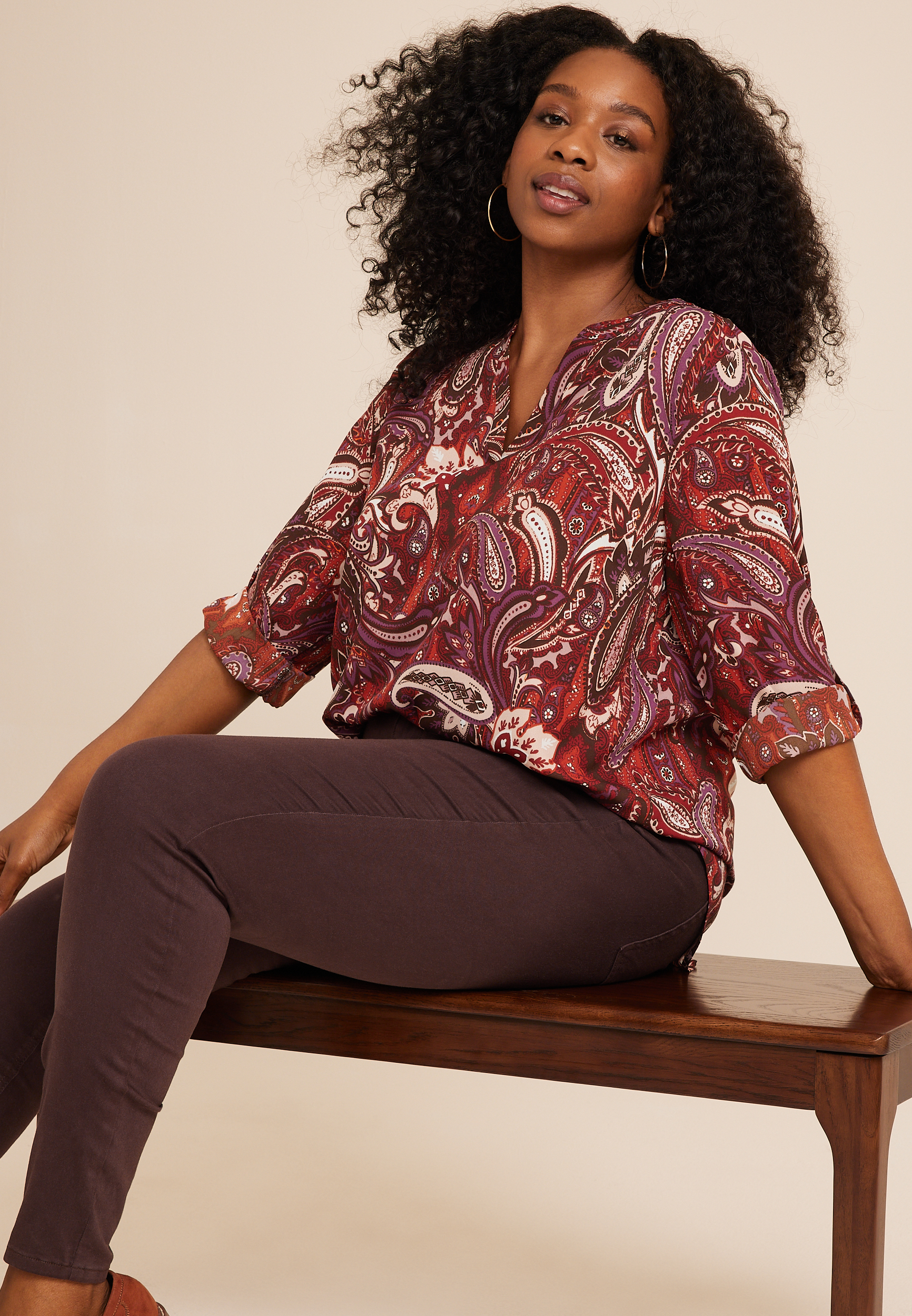 Plus Size Atwood Paisley 3/4 Sleeve Popover Blouse, C4090, large