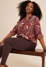 Plus Size Atwood Paisley 3/4 Sleeve Popover Blouse, C4090, small