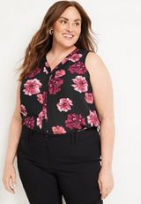 Plus Size Madison Floral Button Down Tank Top, BLACK COMBO, small