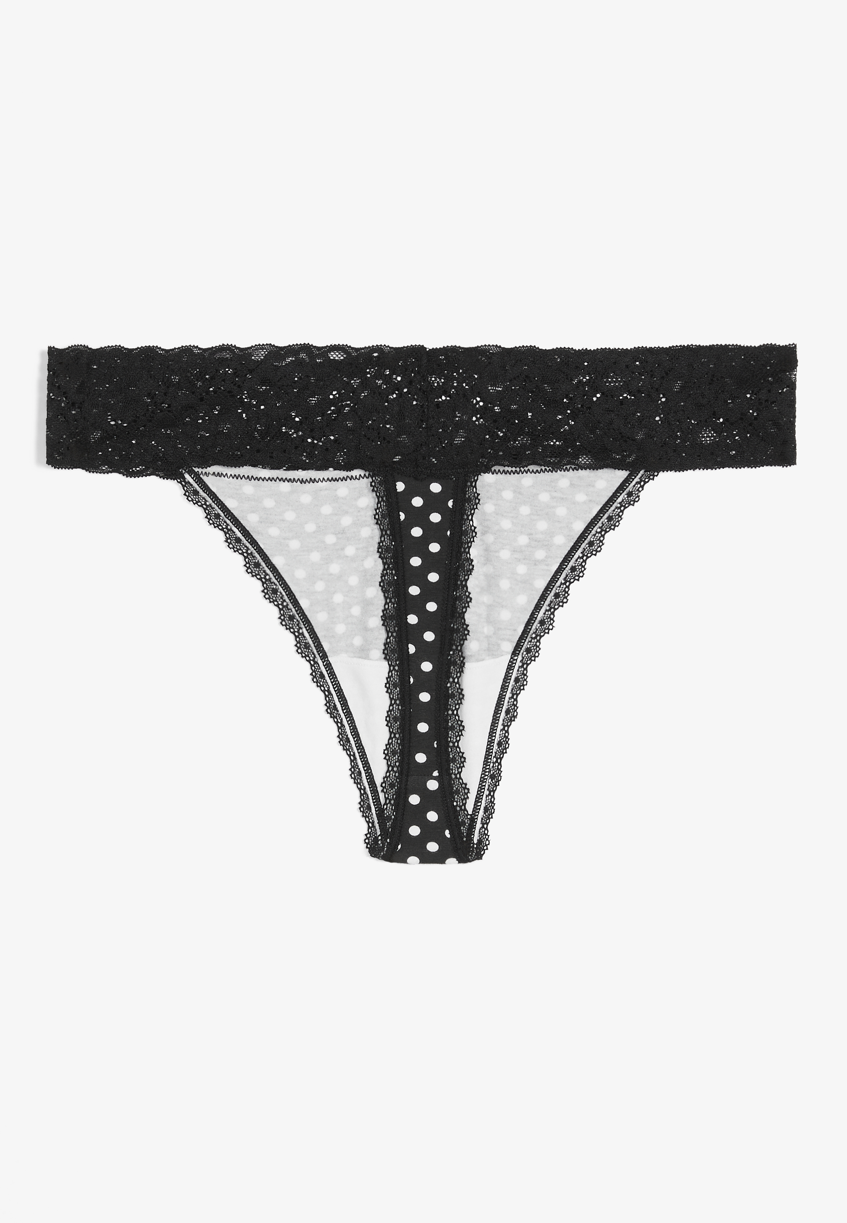Simply Comfy Polka Dot Lace Trim Thong Panty, BLACK COMBO, large