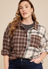 Plus Size Cabin Plaid Boyfriend Button Up Shirt, C1524, small