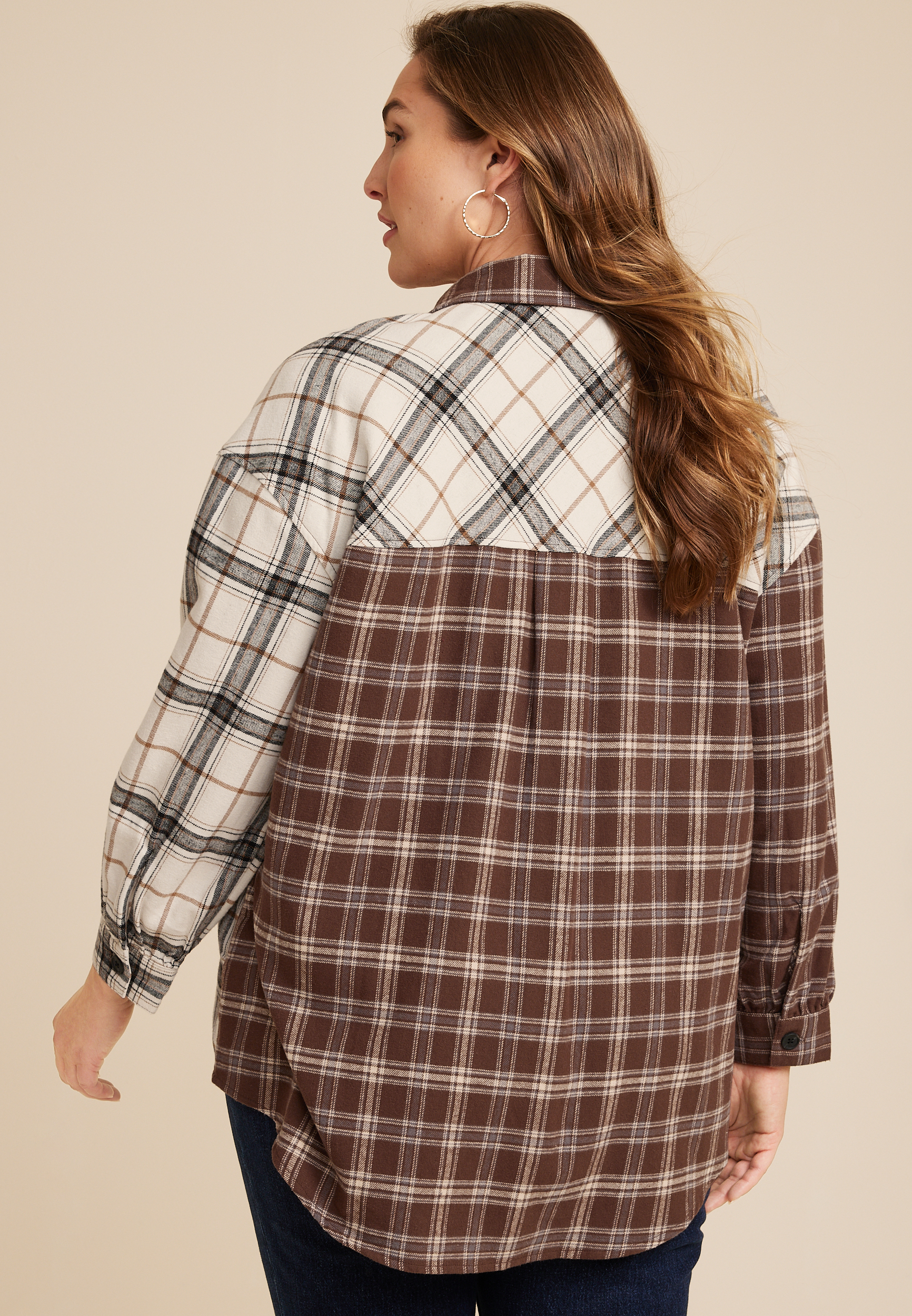 Plus Size Cabin Plaid Boyfriend Button Up Shirt, C1524, large