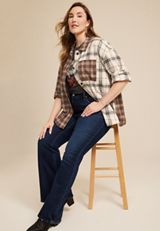 Plus Size Cabin Plaid Boyfriend Button Up Shirt, C1524, small