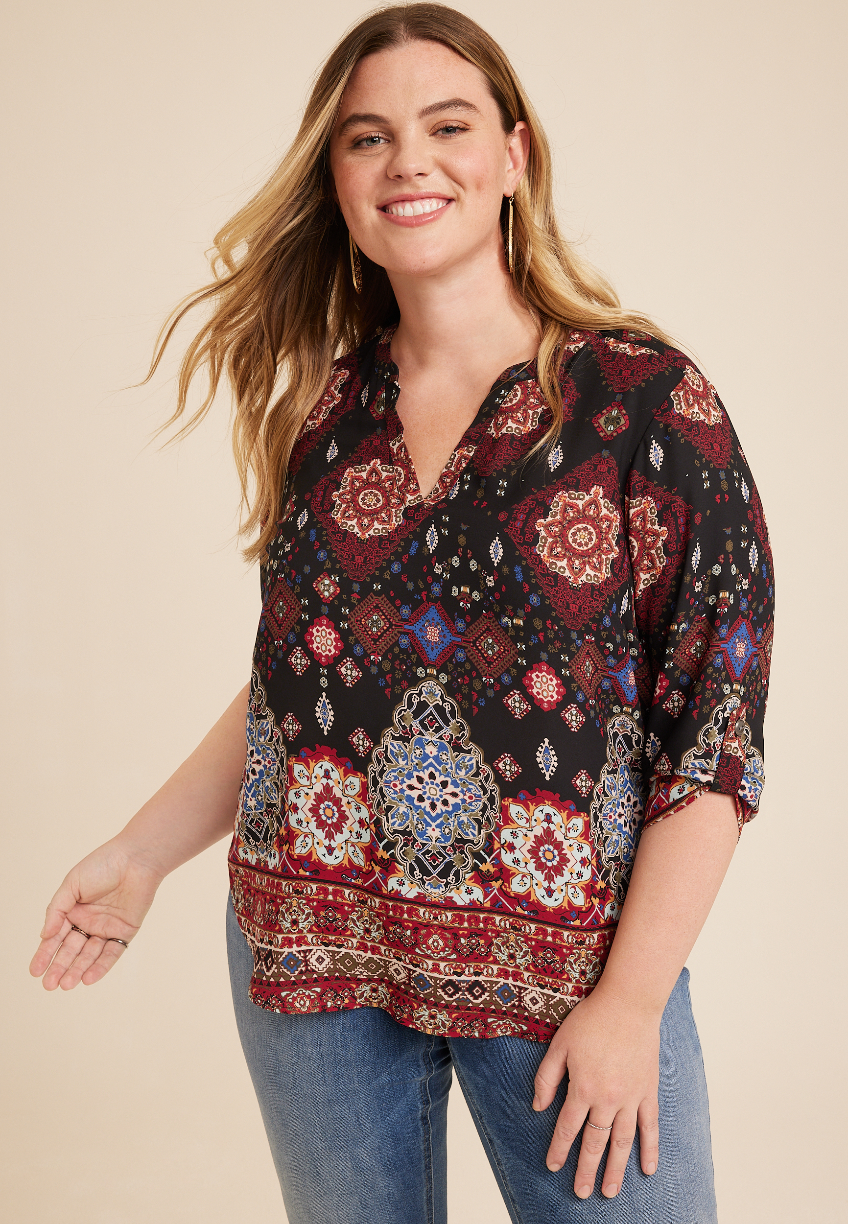 Plus Size Atwood Floral 3/4 Sleeve Popover Blouse | maurices