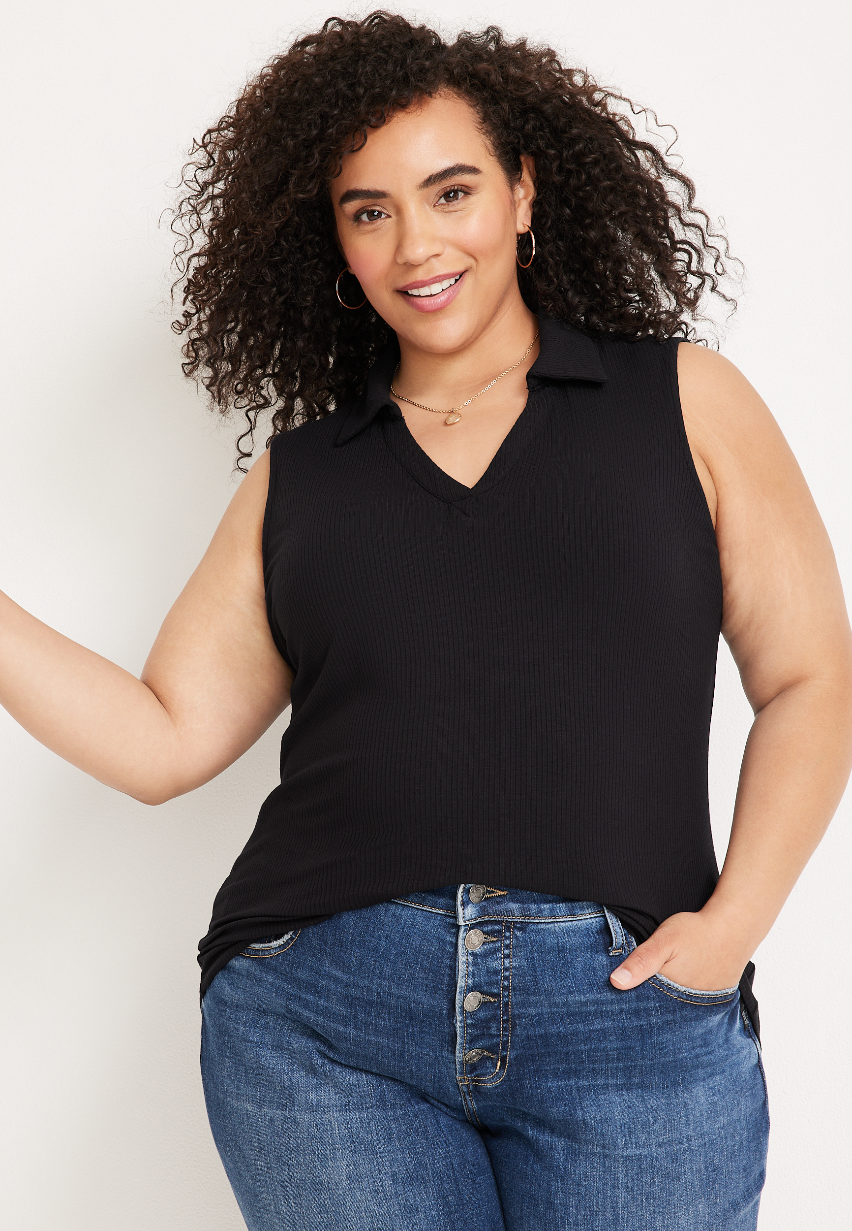 Plus Size Ribbed Collared V Neck Tank Top | maurices