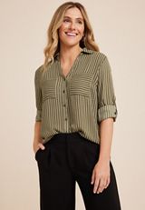 Winona Olive Striped Button Down Blouse, C6093, small