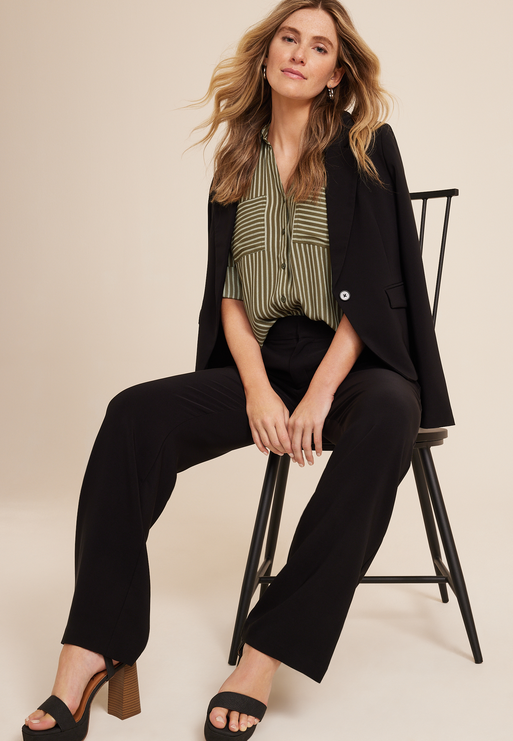 Winona Olive Striped Button Down Blouse, C6093, large