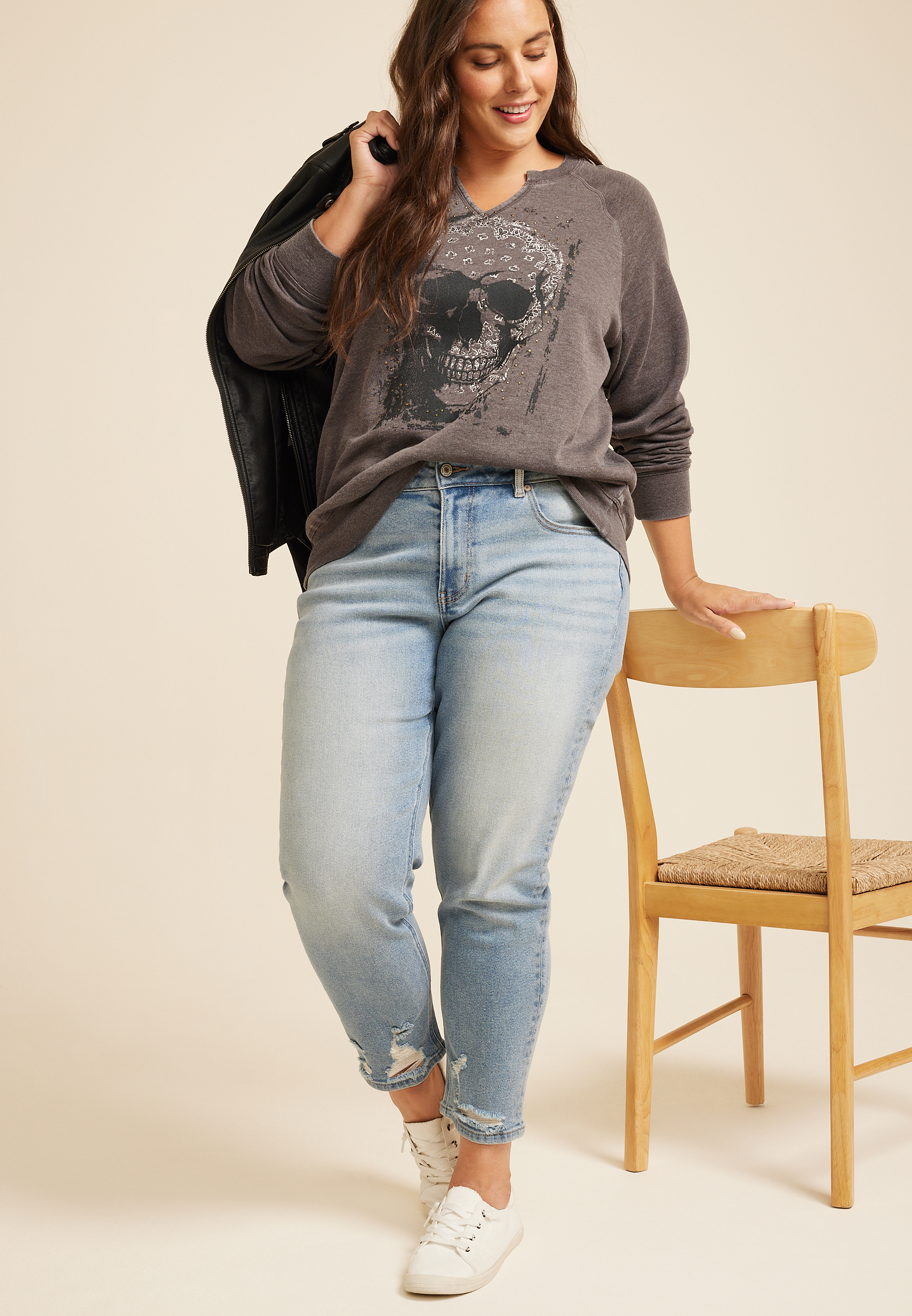 Plus Size Skull Studded Sweatshirt, C9245, large