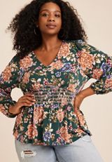 Plus Size Floral Smocked Peplum Blouse, DARK OLIVE COMBO, small