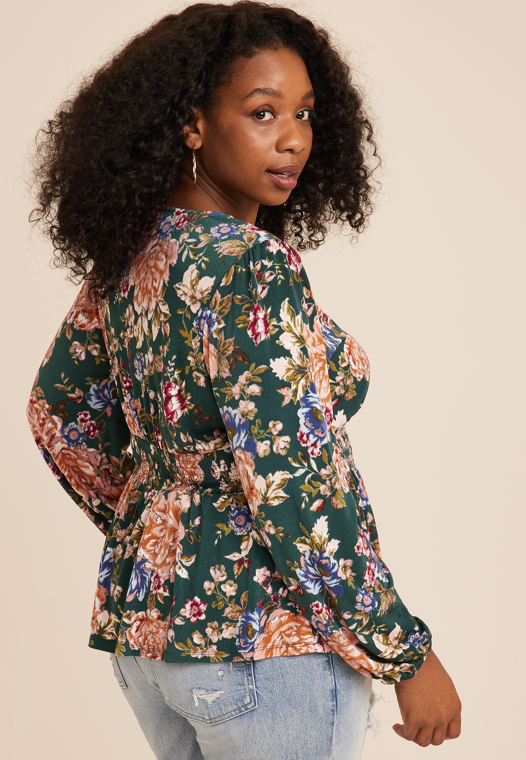 Plus Size Floral Smocked Peplum Blouse, DARK OLIVE COMBO, large