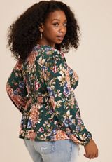Plus Size Floral Smocked Peplum Blouse, DARK OLIVE COMBO, small