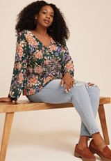 Plus Size Floral Smocked Peplum Blouse, DARK OLIVE COMBO, small