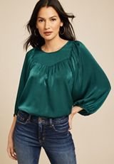 Satin Flounce Sleeve Blouse, HUNTER GREEN, small