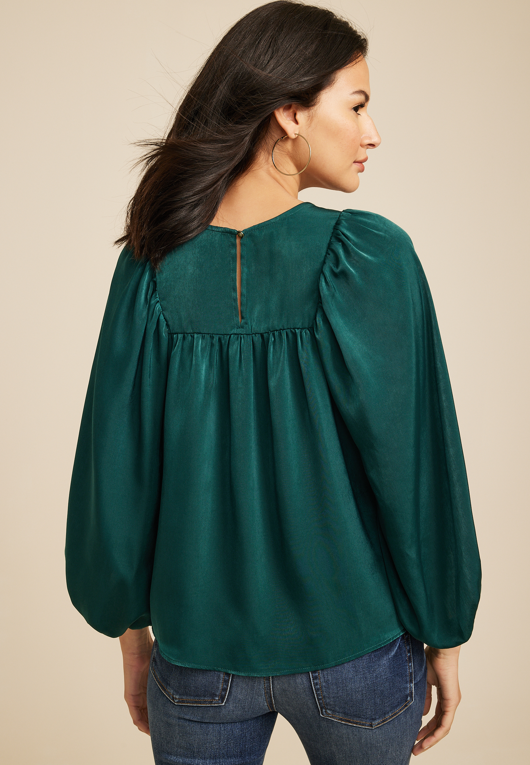 Satin Flounce Sleeve Blouse, HUNTER GREEN, large