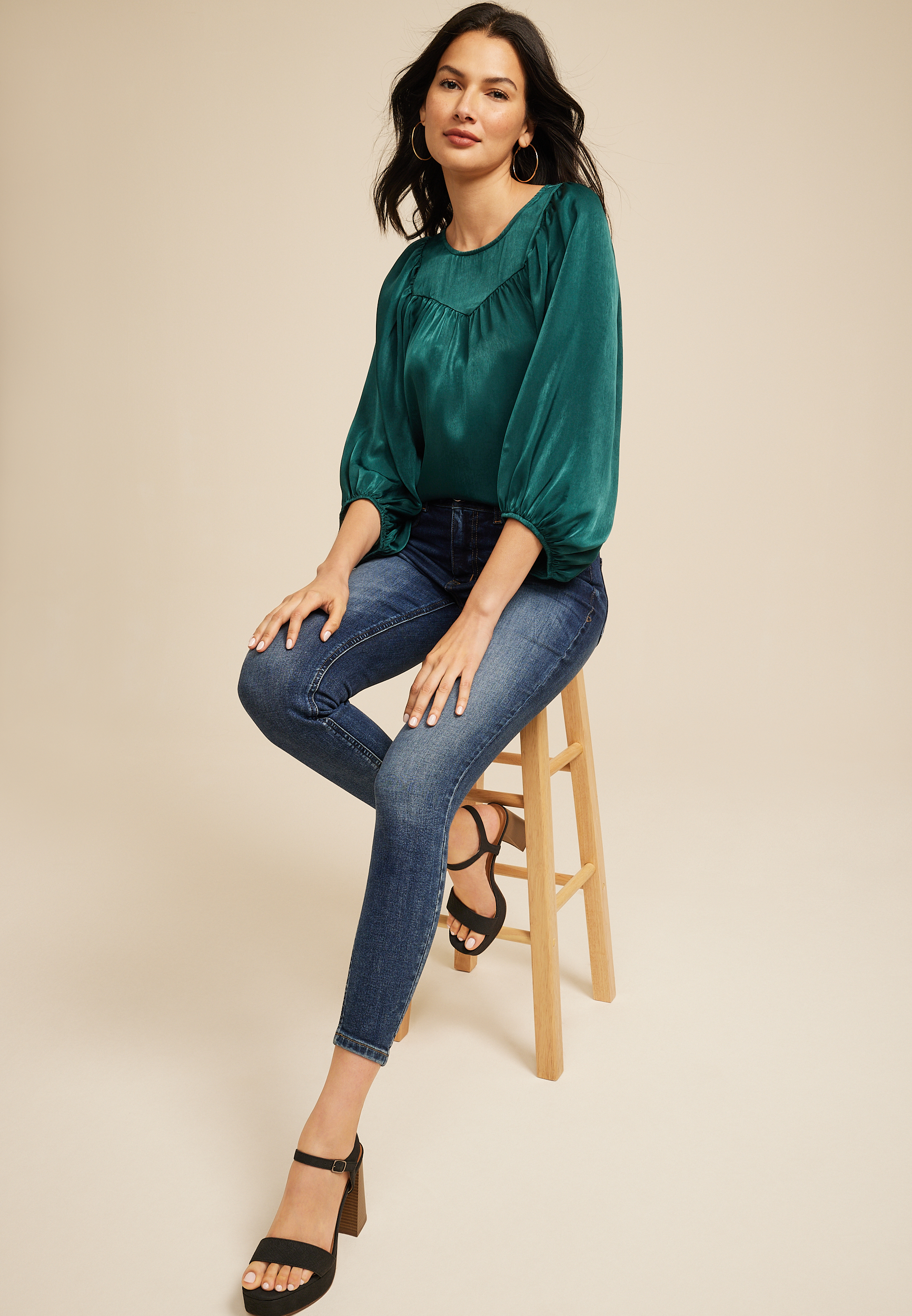 Satin Flounce Sleeve Blouse, HUNTER GREEN, large
