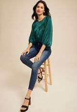Satin Flounce Sleeve Blouse, HUNTER GREEN, small