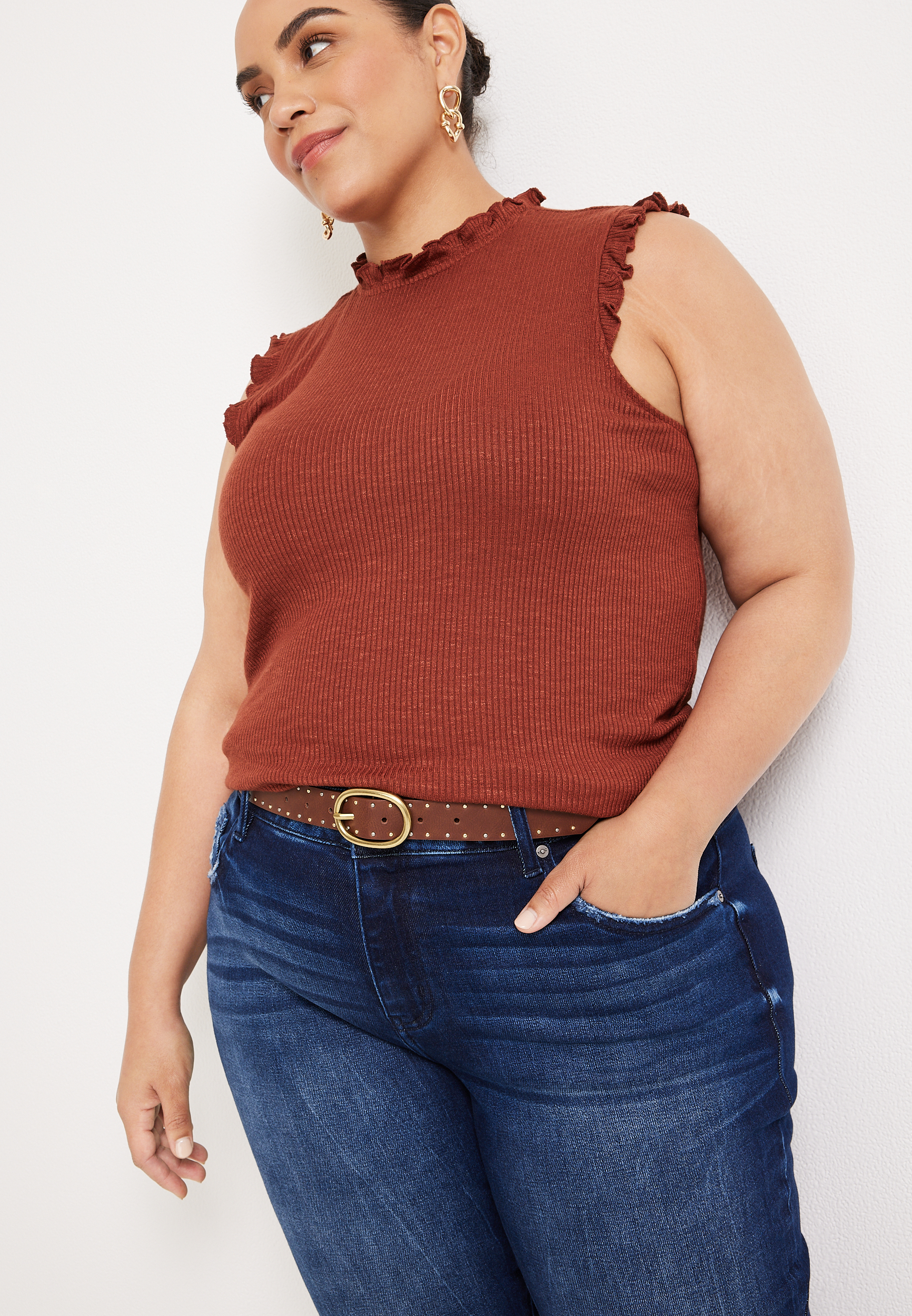Plus Size Brown Studded Belt, , large
